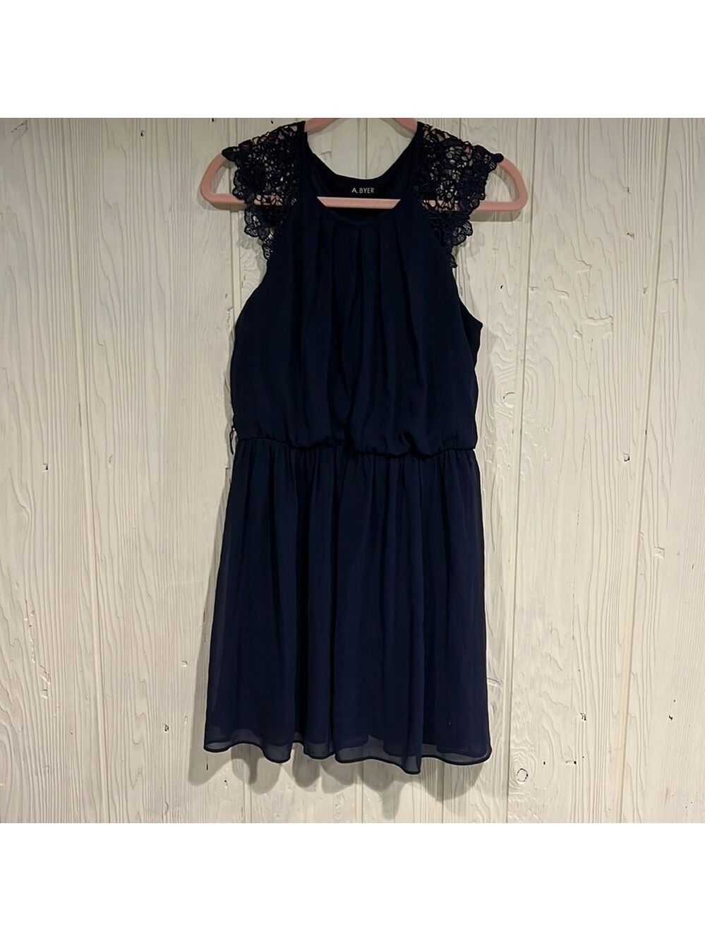 A. Byer Navy Blue Lace Cap Sleeve Dress - Large